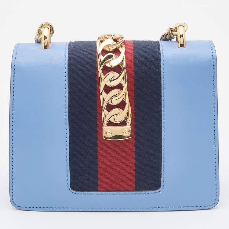Pre Owned Gucci Light Blue Leather Mini Chain Sylvie Crossbody Bag