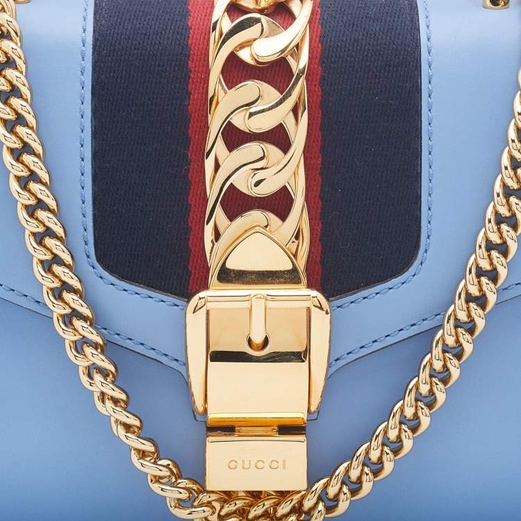 Pre Owned Gucci Light Blue Leather Mini Chain Sylvie Crossbody Bag