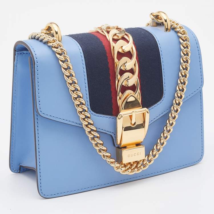 Pre Owned Gucci Light Blue Leather Mini Chain Sylvie Crossbody Bag