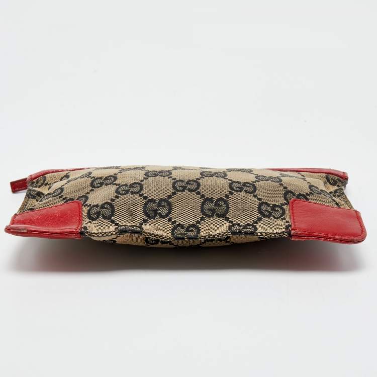 Pre Owned Gucci Red/Beige GG Canvas and Leather Flat Pouch