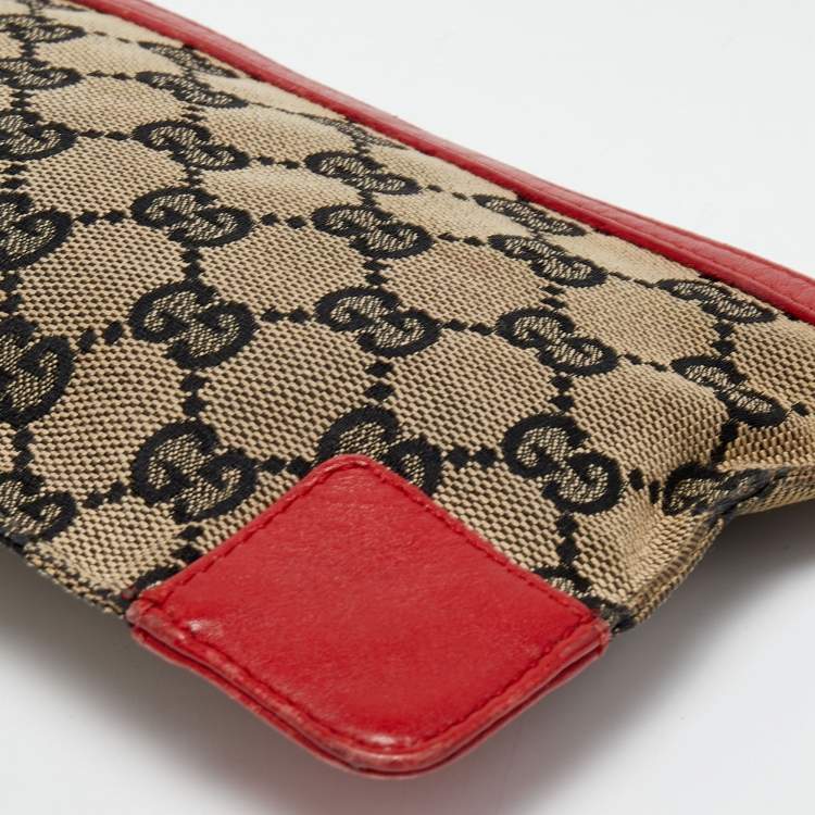 Pre Owned Gucci Red/Beige GG Canvas and Leather Flat Pouch