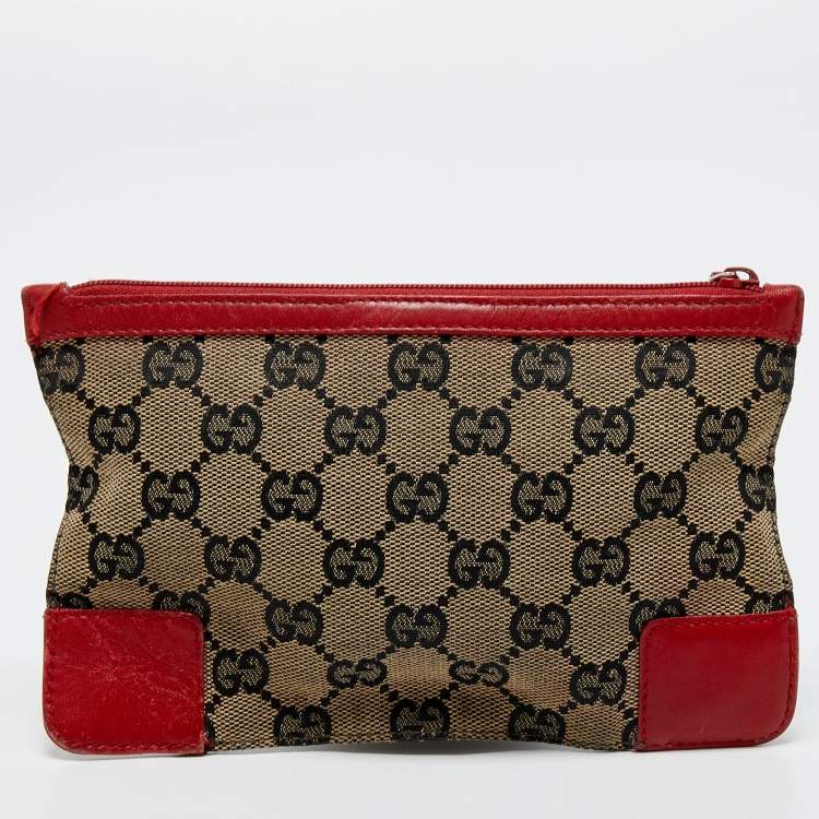 Pre Owned Gucci Red/Beige GG Canvas and Leather Flat Pouch