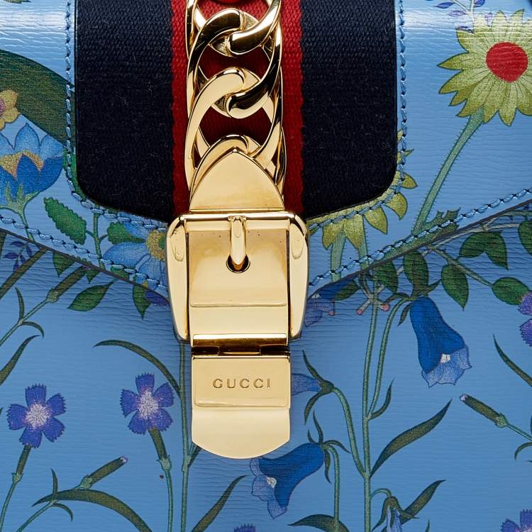 Pre Owned Gucci Blue Floral Print Leather Mini Web Sylvie Top Handle Bag