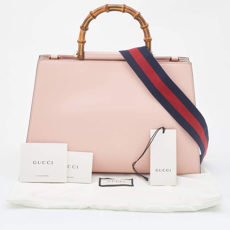 Pre Owned Gucci Pink/White Leather Nymphaea Bamboo Top Handle Bag