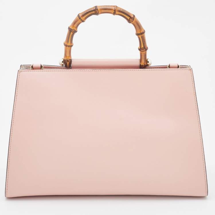 Pre Owned Gucci Pink/White Leather Nymphaea Bamboo Top Handle Bag
