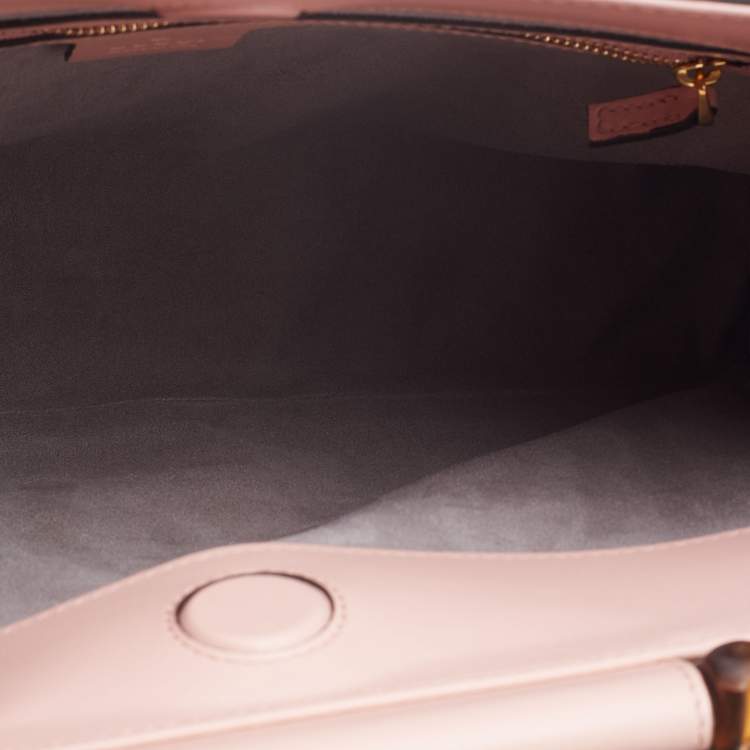 Pre Owned Gucci Pink/White Leather Nymphaea Bamboo Top Handle Bag