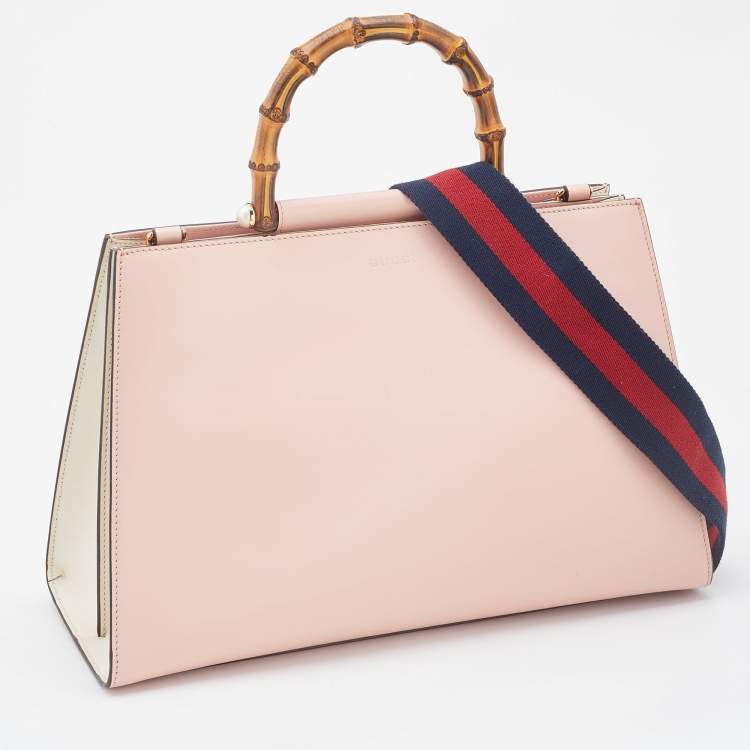 Pre Owned Gucci Pink/White Leather Nymphaea Bamboo Top Handle Bag