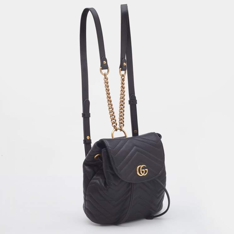 Pre Owned Gucci Black Matelassé Leather GG Marmont Backpack