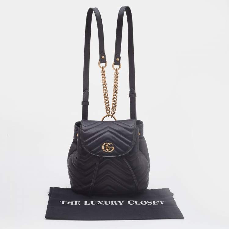 Pre Owned Gucci Black Matelassé Leather GG Marmont Backpack