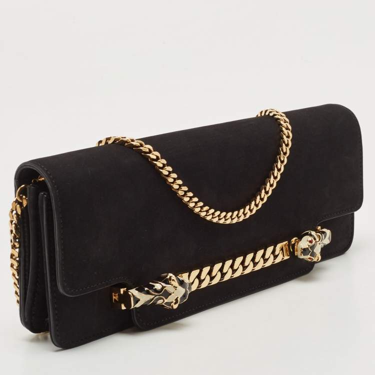Pre Owned Gucci Black Suede Tiger Head Chain Clutch