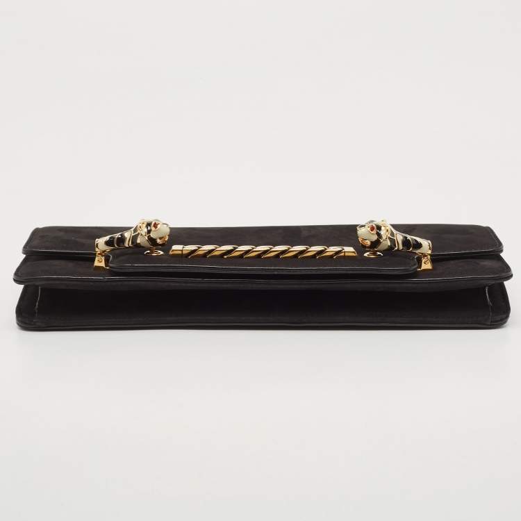 Pre Owned Gucci Black Suede Tiger Head Chain Clutch
