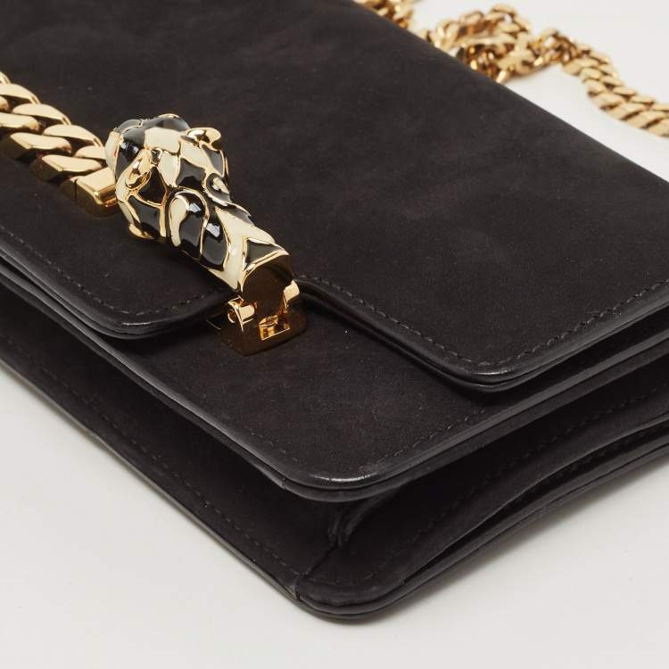 Pre Owned Gucci Black Suede Tiger Head Chain Clutch