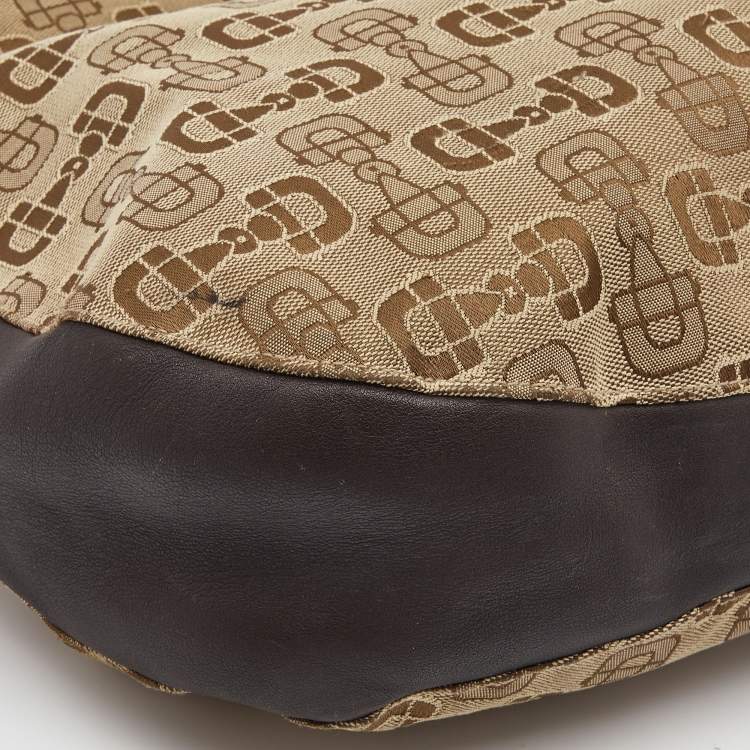 Pre Owned Gucci Dark Brown/Beige Horsebit Canvas and Leather Hobo
