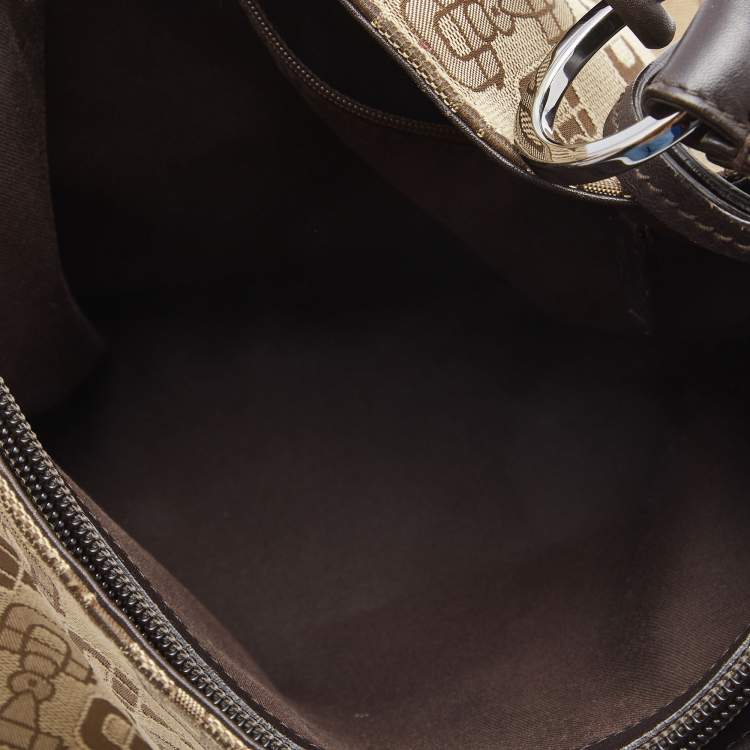 Pre Owned Gucci Dark Brown/Beige Horsebit Canvas and Leather Hobo