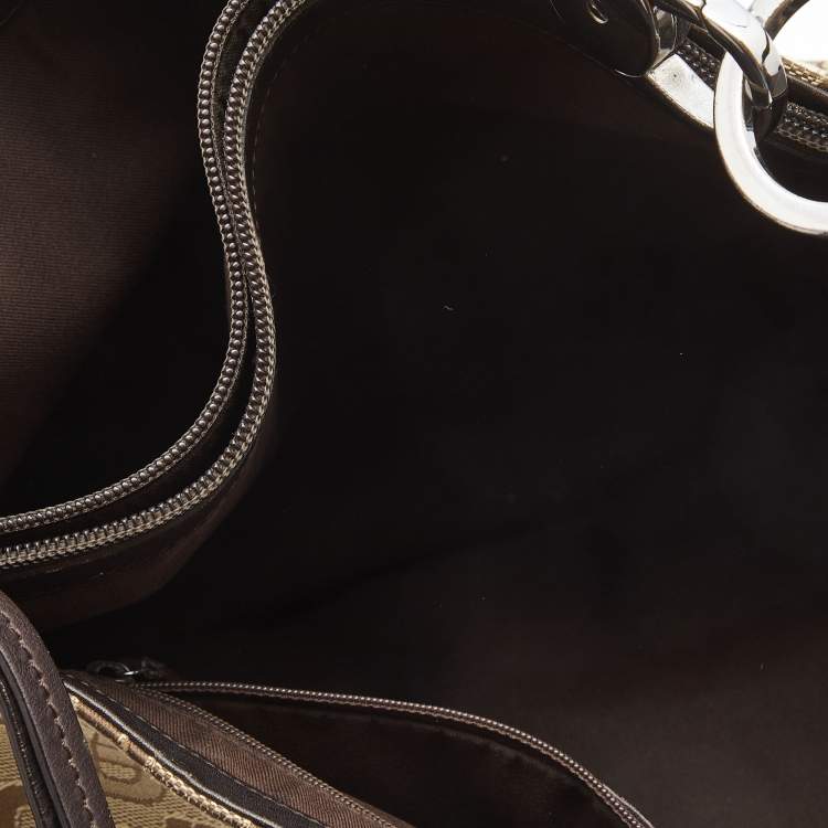 Pre Owned Gucci Dark Brown/Beige Horsebit Canvas and Leather Hobo