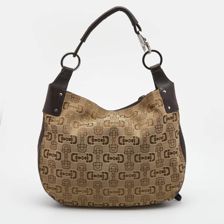 Pre Owned Gucci Dark Brown/Beige Horsebit Canvas and Leather Hobo