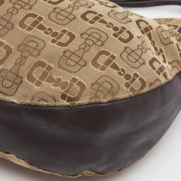 Pre Owned Gucci Dark Brown/Beige Horsebit Canvas and Leather Hobo