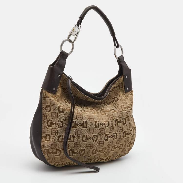 Pre Owned Gucci Dark Brown/Beige Horsebit Canvas and Leather Hobo