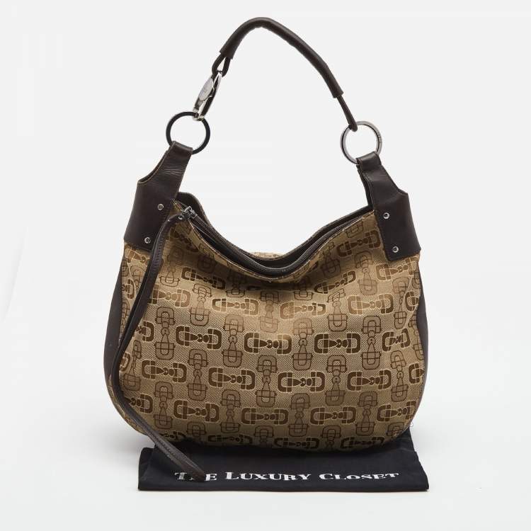 Pre Owned Gucci Dark Brown/Beige Horsebit Canvas and Leather Hobo