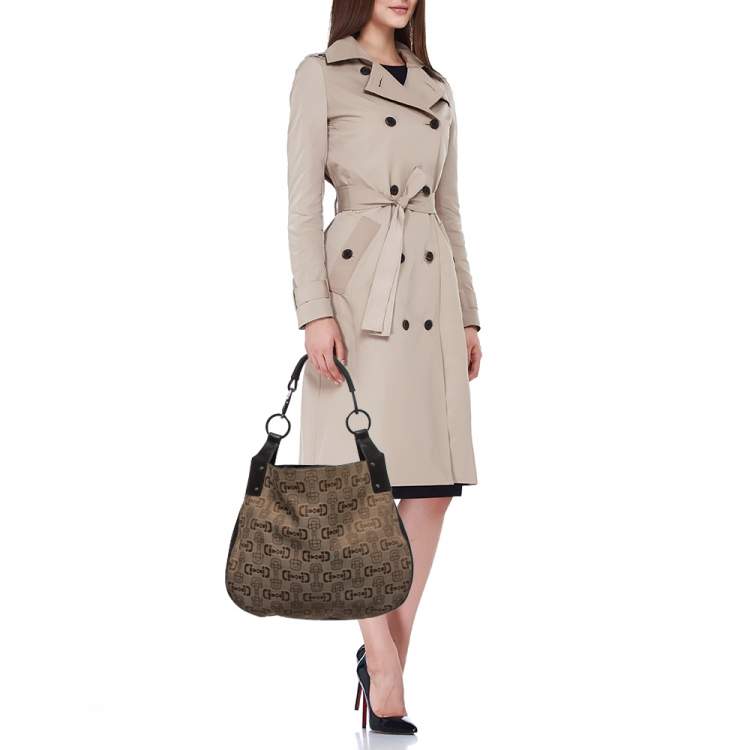 Pre Owned Gucci Dark Brown/Beige Horsebit Canvas and Leather Hobo