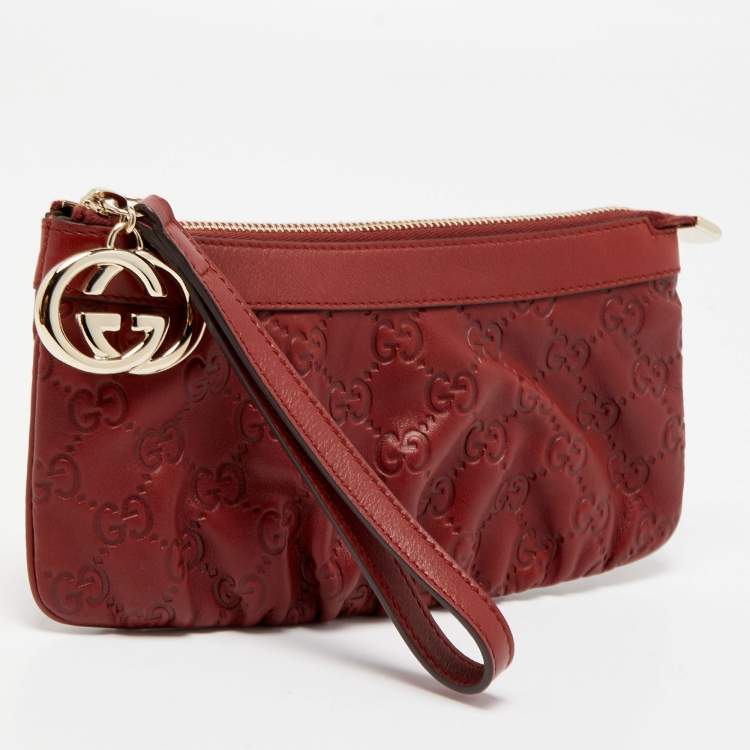 Pre Owned Gucci Blood Red Guccissima Leather Interlocking G Wristlet Clutch