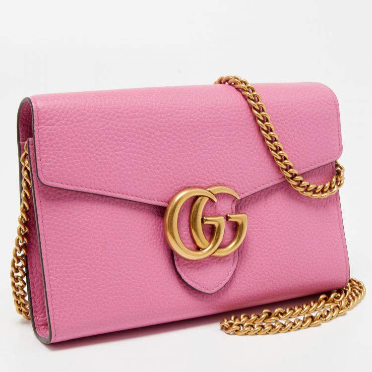 Pre Owned Gucci Fuchsia Leather GG Marmont Wallet on Chain