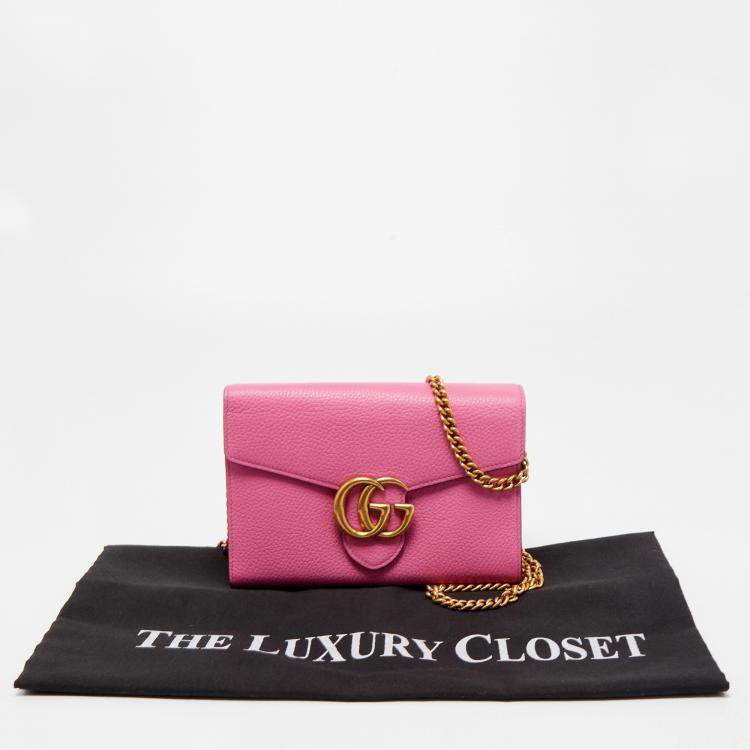 Pre Owned Gucci Fuchsia Leather GG Marmont Wallet on Chain