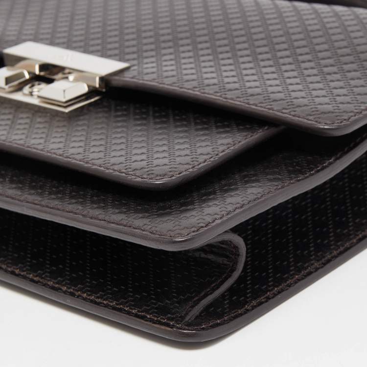 Pre Owned Gucci Dark Brown Micro Diamante Leather Business Top Handle Bag