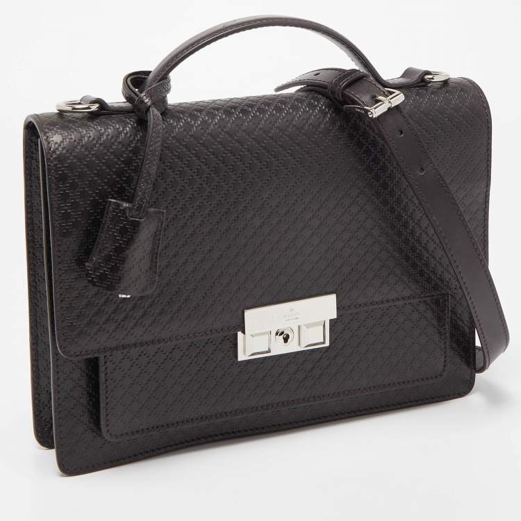 Pre Owned Gucci Dark Brown Micro Diamante Leather Business Top Handle Bag