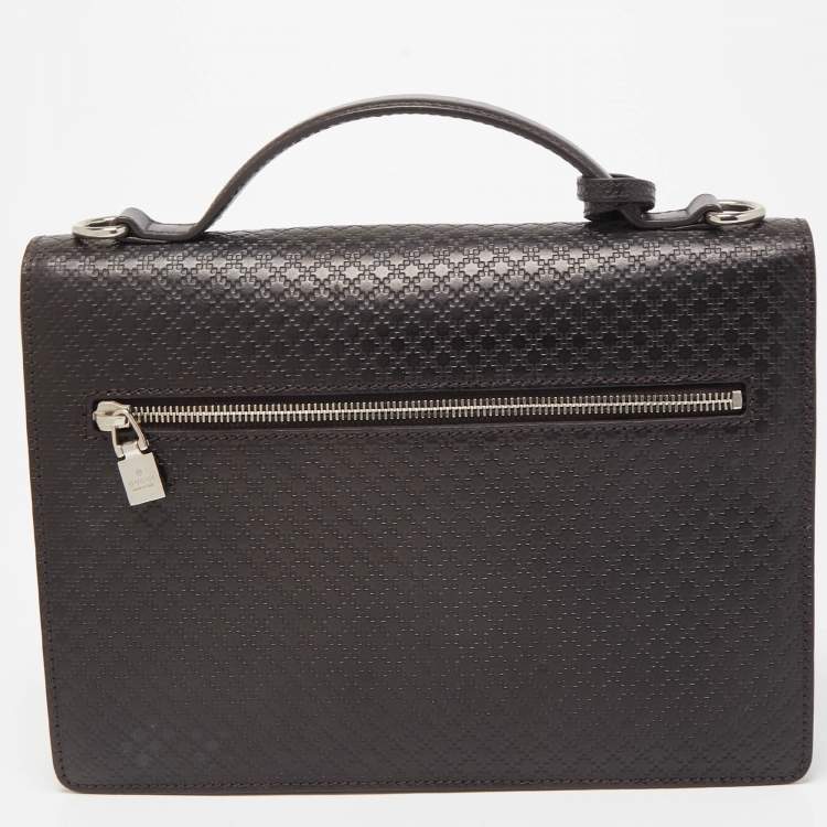 Pre Owned Gucci Dark Brown Micro Diamante Leather Business Top Handle Bag