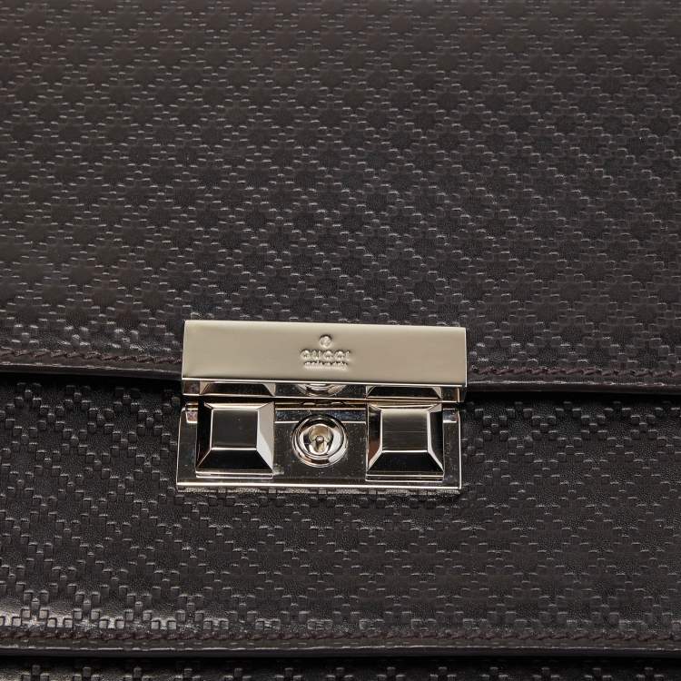 Pre Owned Gucci Dark Brown Micro Diamante Leather Business Top Handle Bag