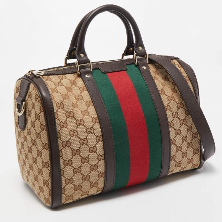 Pre Owned Gucci Beige/Ebony GG Canvas Vintage Web Medium Boston Bag