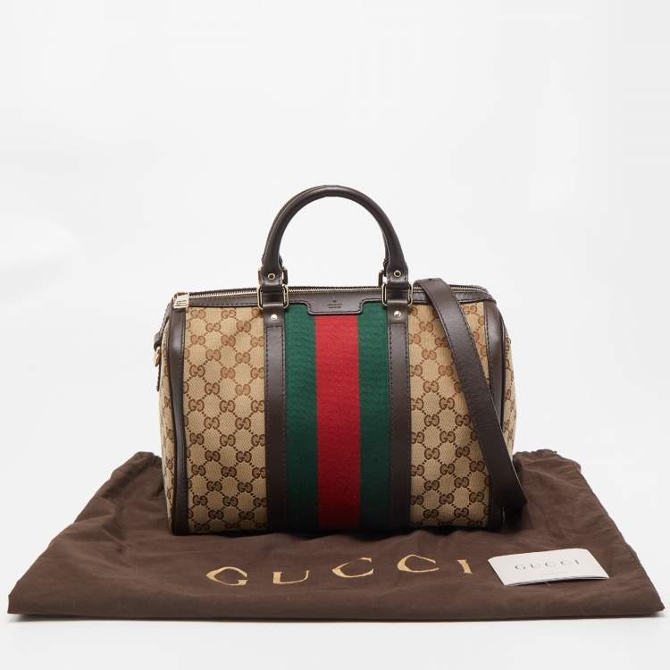 Pre Owned Gucci Beige/Ebony GG Canvas Vintage Web Medium Boston Bag