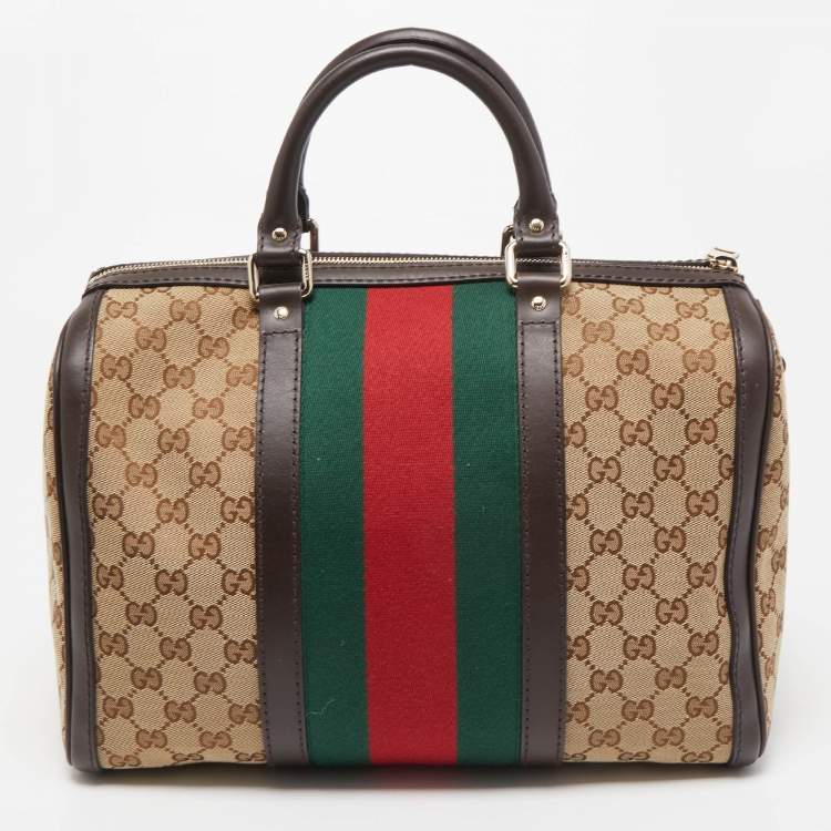 Pre Owned Gucci Beige/Ebony GG Canvas Vintage Web Medium Boston Bag