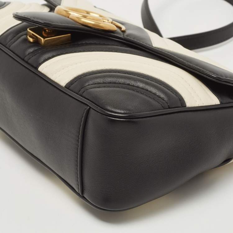 Pre Owned Gucci Black/White Matelassé Leather Small GG Marmont Shoulder Bag