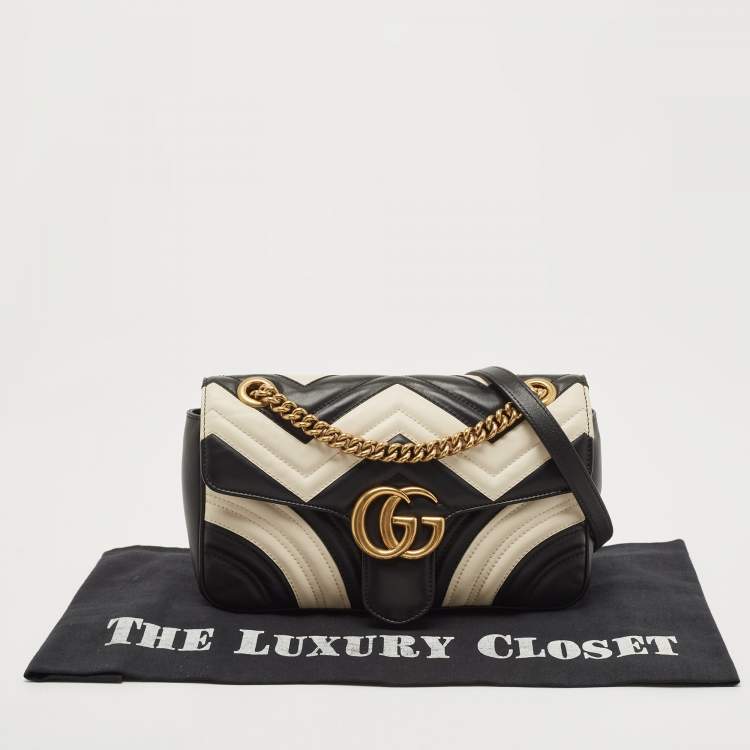 Pre Owned Gucci Black/White Matelassé Leather Small GG Marmont Shoulder Bag