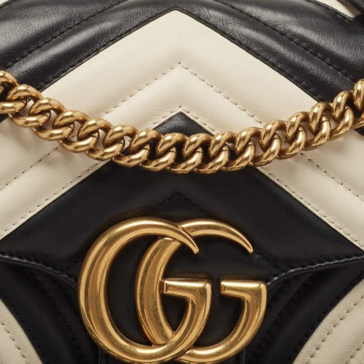 Pre Owned Gucci Black/White Matelassé Leather Small GG Marmont Shoulder Bag