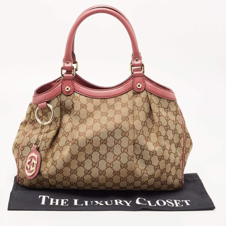 Pre Owned Gucci Beige/Pink GG Canvas and Leather Medium Sukey Tote