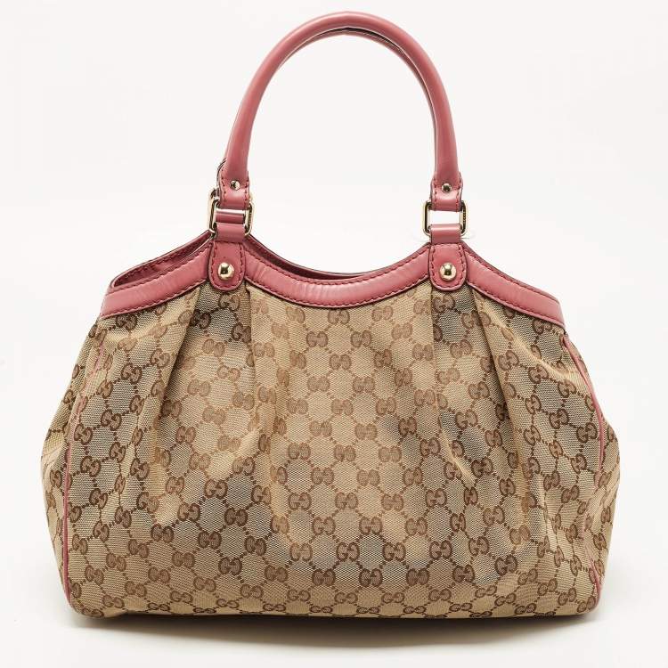 Pre Owned Gucci Beige/Pink GG Canvas and Leather Medium Sukey Tote