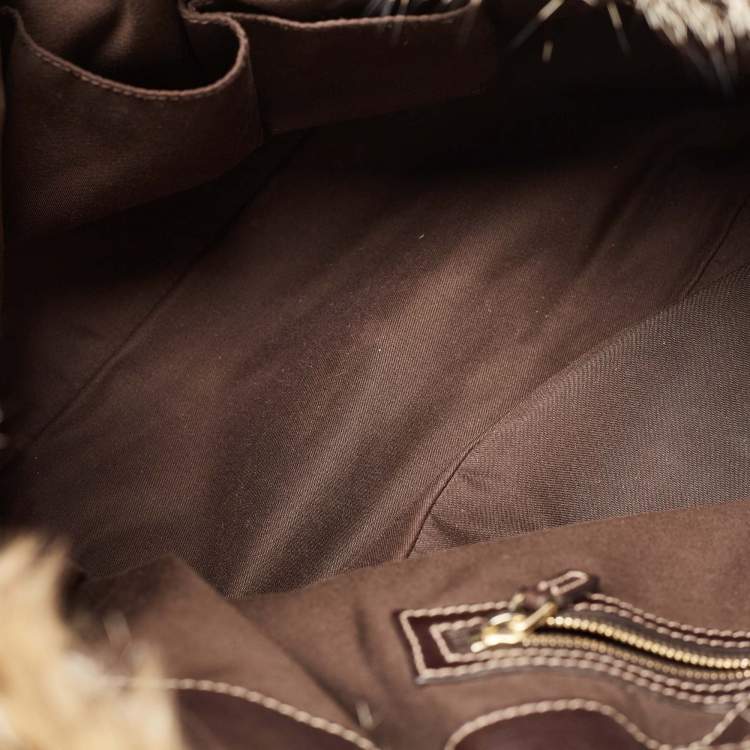 Pre Owned Gucci Beige/Brown GG Canvas, Leather and Fox Fur Royal Tote