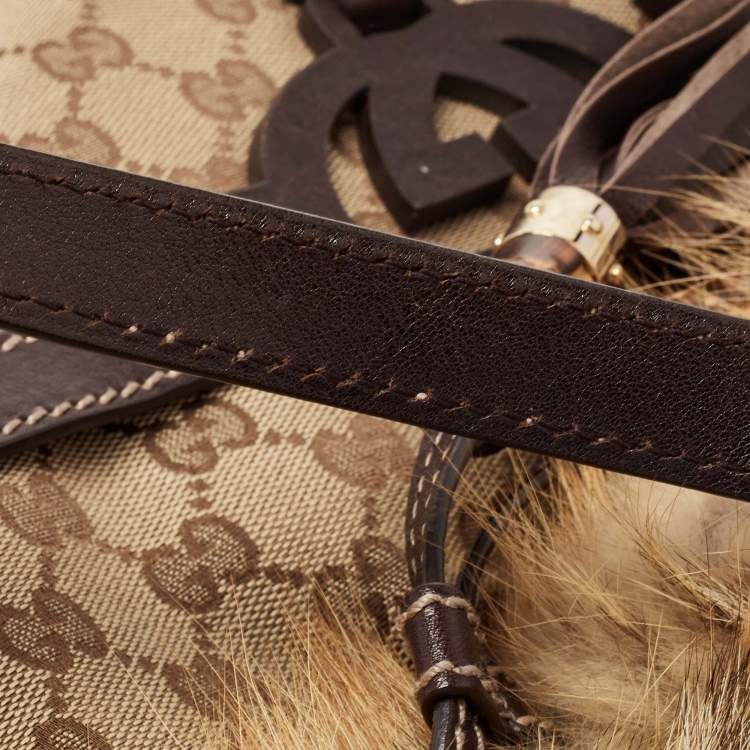 Pre Owned Gucci Beige/Brown GG Canvas, Leather and Fox Fur Royal Tote