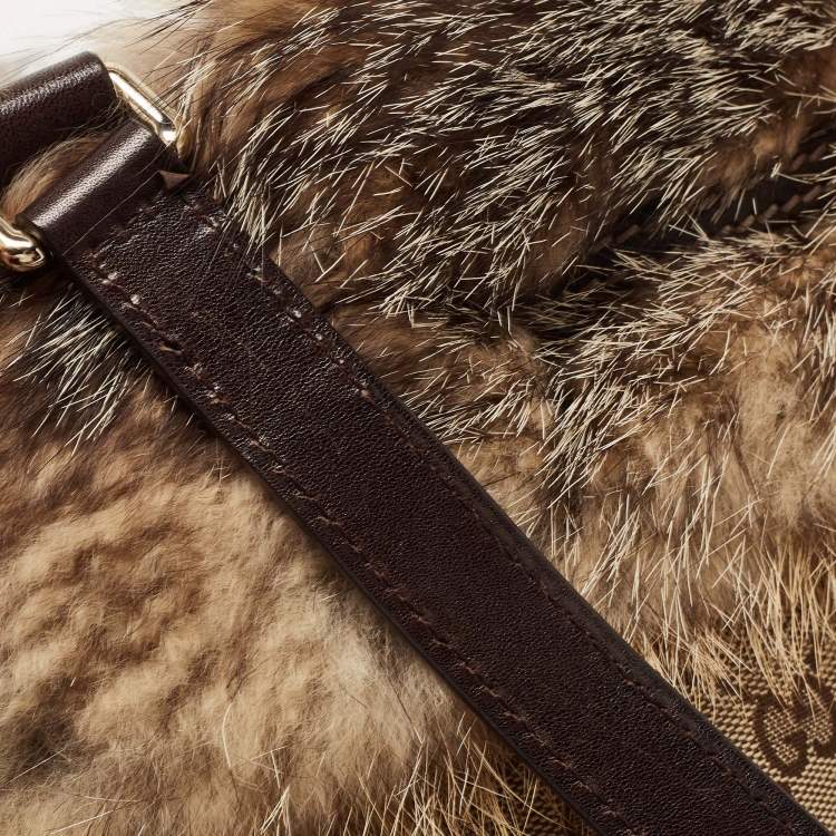 Pre Owned Gucci Beige/Brown GG Canvas, Leather and Fox Fur Royal Tote