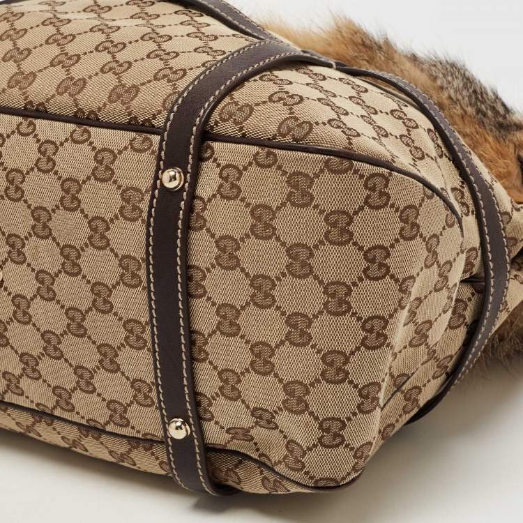 Pre Owned Gucci Beige/Brown GG Canvas, Leather and Fox Fur Royal Tote