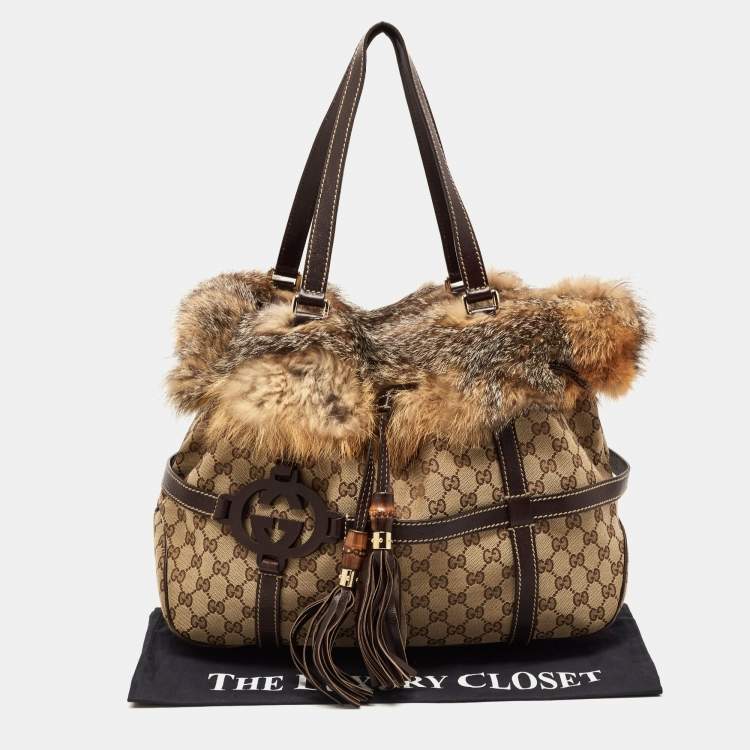 Pre Owned Gucci Beige/Brown GG Canvas, Leather and Fox Fur Royal Tote
