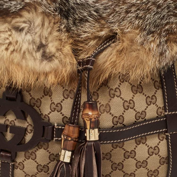 Pre Owned Gucci Beige/Brown GG Canvas, Leather and Fox Fur Royal Tote