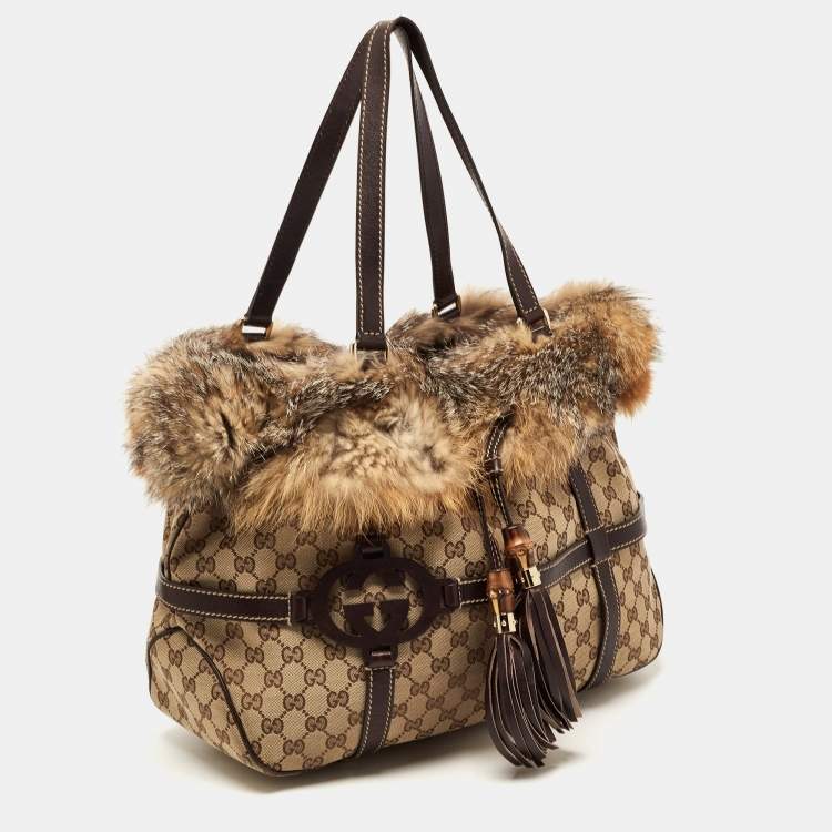 Pre Owned Gucci Beige/Brown GG Canvas, Leather and Fox Fur Royal Tote