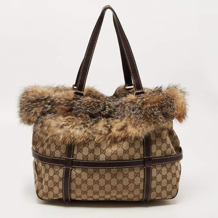 Pre Owned Gucci Beige/Brown GG Canvas, Leather and Fox Fur Royal Tote