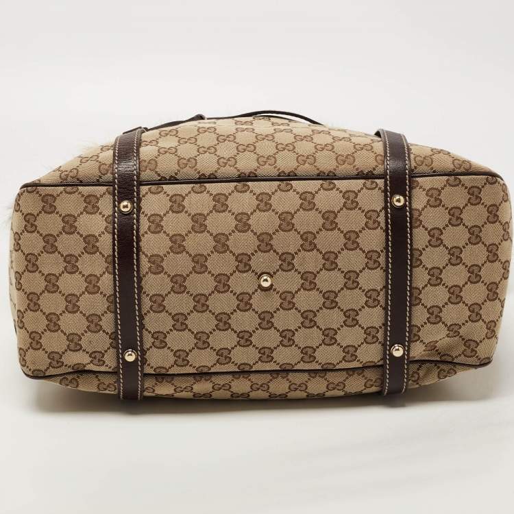 Pre Owned Gucci Beige/Brown GG Canvas, Leather and Fox Fur Royal Tote