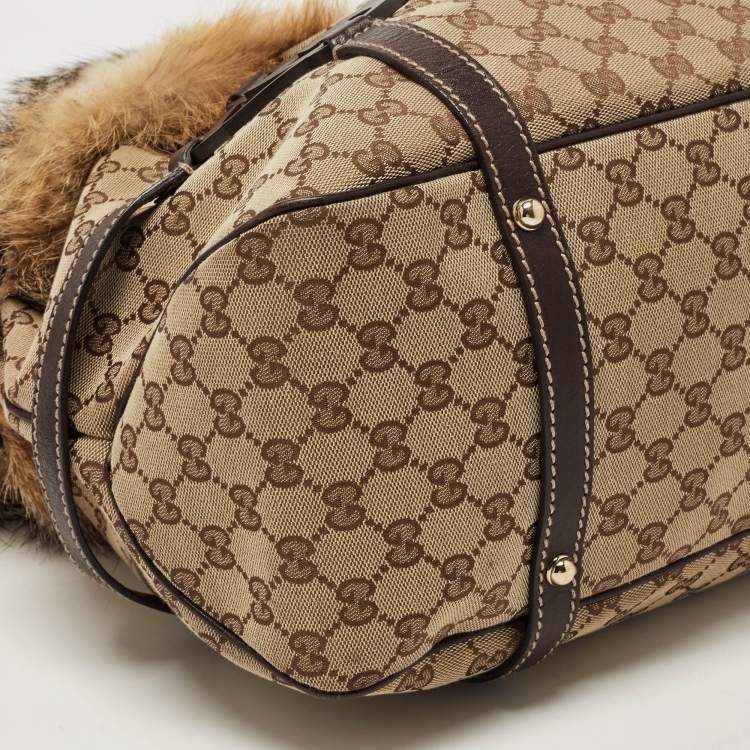Pre Owned Gucci Beige/Brown GG Canvas, Leather and Fox Fur Royal Tote