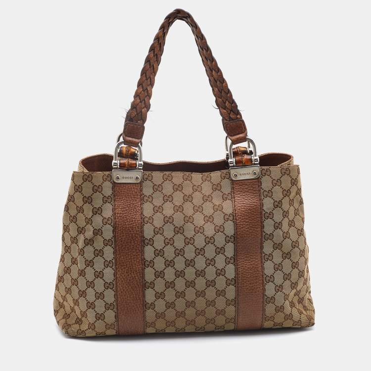 مملوكة مسبقًا Gucci Beige/Brown GG Canvas and Leather Medium Bamboo Bar Tote